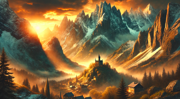 A dramatic view of snow-capped peaks illuminated by a golden sunrise, with a medieval village nestled in the tranquil valley below