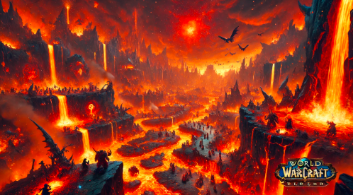 A fiery landscape in the Searing Gorge during the Blackrock Eruption event, with players engaging event-specific mobs amidst molten terrain and glowing embers.
