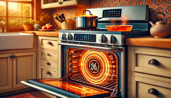 "The GE Electric Stove Model BP76GV1WW in action, with a pot boiling on the cooktop and a casserole baking in the oven, perfect for multitasking in the kitchen."